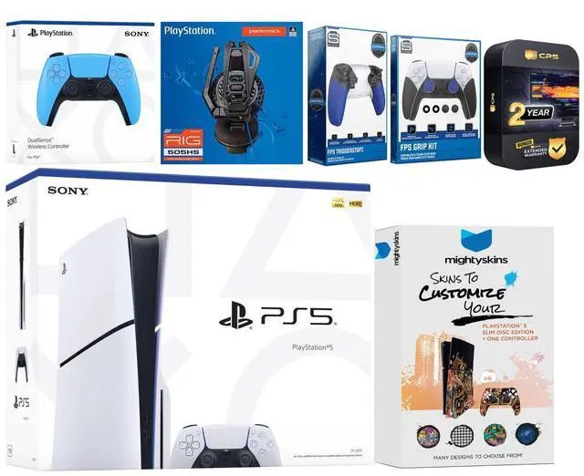 Main image of Sony Playstation 5 Slim Disc with Extra Starlight Blue Controller, Plantronics Headset, Trigger Stop Kit, FPS Grip Kit and MightySkins Decal Voucher + 2 Year CPS Extended Warranty