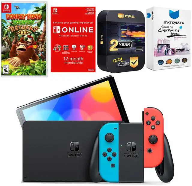Main image of Nintendo Switch Neon Red & Blue OLED Console with Donkey Kong Country Returns HD, NSO 12 Month Family Membership, MightySkins Console and Controller Skin Voucher, and 2 Year CPS Extended Warranty