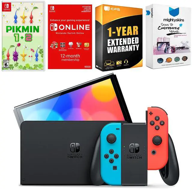 Main image of Nintendo Switch Neon Red & Blue OLED Console with Pikmin 1 + 2, NSO 12 Month Family Membership, MightySkins Console and Controller Skin Voucher and 1 Year CPS Extended Warranty