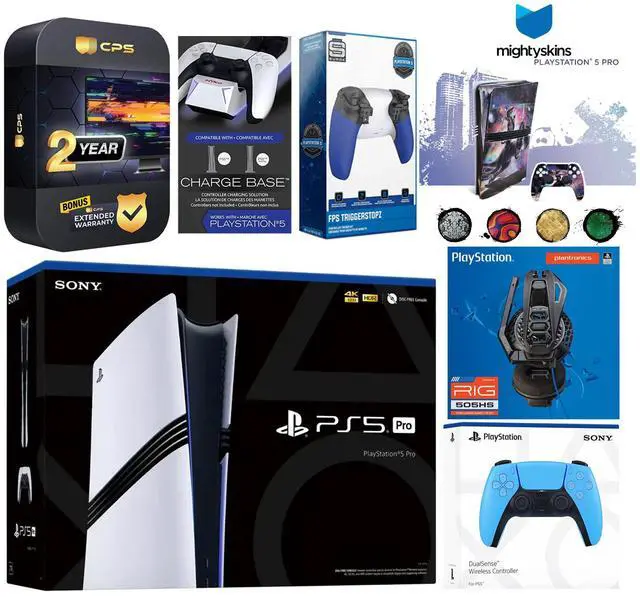 Main image of Sony Playstation 5 Pro Bundle with Extra Starlight Blue Controller, Plantronics Headset, Trigger Stop Kit, Dual Charge Dock and MightySkins Decal Voucher Plus 2 Year CPS Extended Warranty