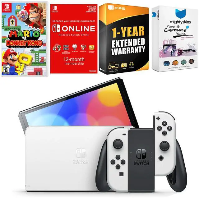 Main image of Nintendo Switch White OLED Console with Mario vs. Donkey Kong, NSO 12 Month Family Membership, MightySkins Console and Controller Skin Voucher, and 1 Year CPS Extended Warranty