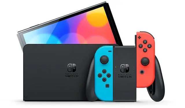 Alt view image 2 of 7 - Nintendo Switch Neon Red & Blue OLED Console with Pro Controller, MightySkins Console and Controller Skin Voucher, and 2 Year CPS Extended Warranty