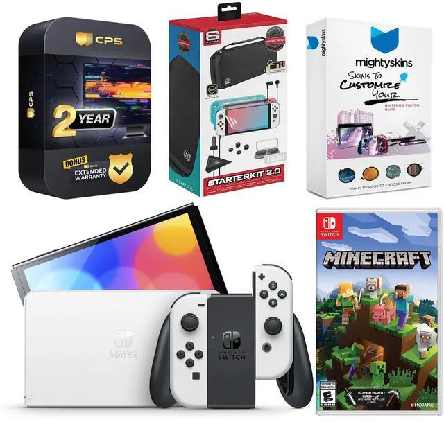 Main image of Nintendo Switch White OLED Console with Minecraft: Switch Edition, Surge Accessory Gaming Kit, MightySkins Console and Controller Skin Voucher, and 2 Year CPS Extended Warranty