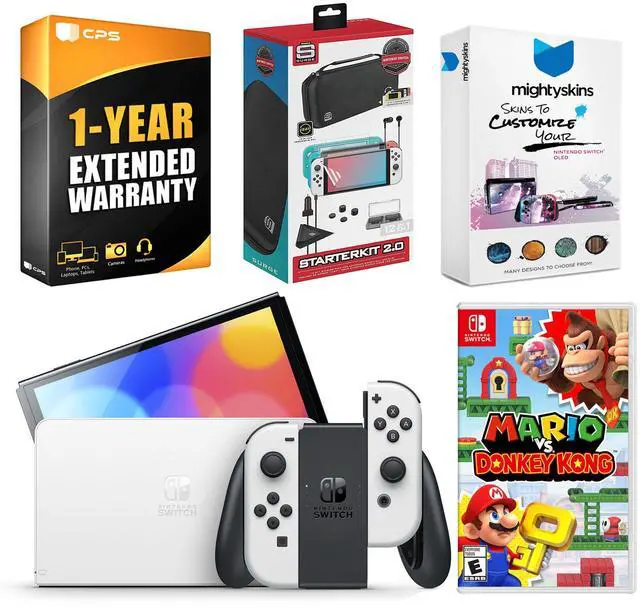 Main image of Nintendo Switch White OLED Console with Mario vs. Donkey Kong, Surge Accessory Gaming Kit, MightySkins Console and Controller Skin Voucher, and 1 Year CPS Extended Warranty