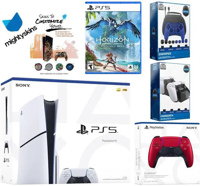Main image of Sony Playstation 5 Slim Disc Bundle with Horizon Forbidden West, Extra Volcanic Red Controller, Pro Gamer Kit, Dual Charge Dock and MightySkins Decal Voucher