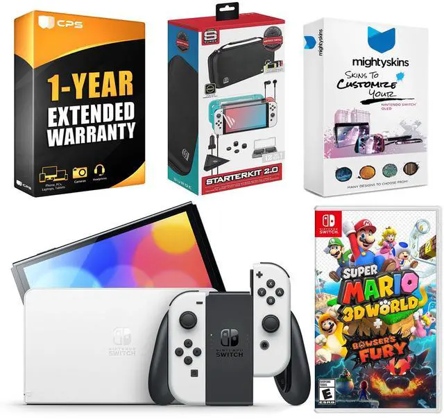 Main image of Nintendo Switch White OLED Console with Super Mario 3D World + Bowsers Fury, Surge Accessory Gaming Kit, MightySkins Console and Controller Skin Voucher, and 1 Year CPS Extended Warranty