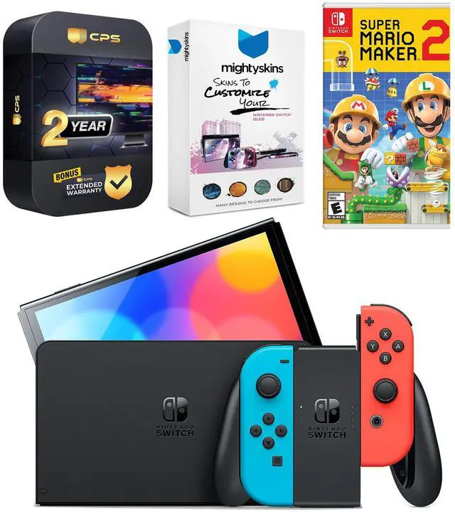 Main image of Nintendo Switch Neon Red & Blue OLED Console with Mario Maker 2, MightySkins Console and Controller Skin Voucher, and 2 Year CPS Extended Warranty