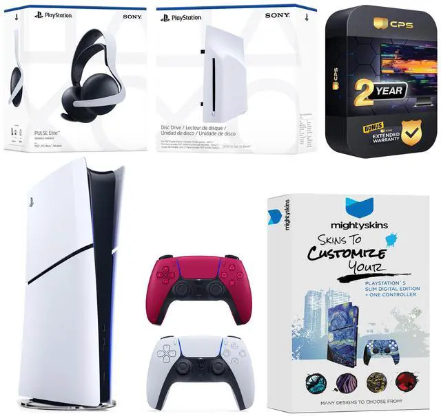 Main image of Sony PlayStation 5 Slim Digital Bundle with Disc Drive, Extra Controller, Pulse Elite Headset, MightySkins Voucher and 2 Year Extended Warranty - Cosmic Red