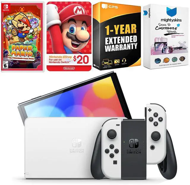 Main image of Nintendo Switch White OLED Console with Paper Mario: the Thousand Year Door, Nintendo $20 eShop Gift Card, MightySkins Console and Controller Skin Voucher, and 1 Year CPS Extended Warranty