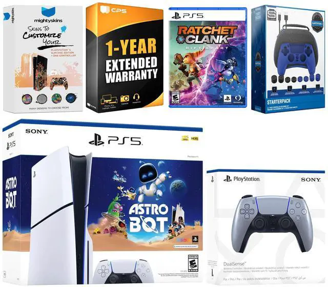 Main image of Sony PlayStation 5 Slim Disc Astro Bot, Rachet and Clank Bundle with Extra Sterling Silver Controller, Pro Gamer Starter Kit, MightySkins Code and 1 Year Extended Warranty