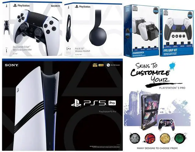 Main image of Sony Playstation 5 Pro Bundle with Black Pulse Headset, Extra EDGE Controller, FPS Grip Kit, Dual Charge Dock and MightySkins Decal Voucher Plus 2 Year CPS Extended Warranty