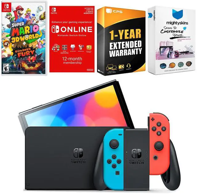 Main image of Nintendo Switch Neon Red & Blue OLED Console with Super Mario 3D World + Bowsers Fury , NSO 12 Month Family Membership, MightySkins Console and Controller Skin Voucher and 1 Year CPS Extended Warr