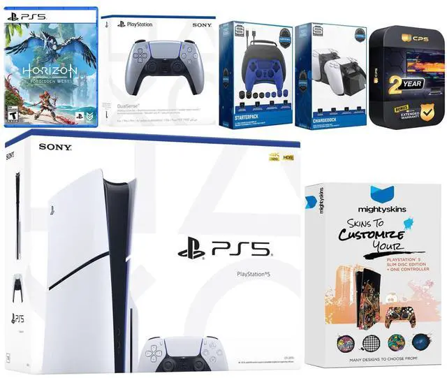 Main image of Sony Playstation 5 Slim Disc with Horizon Forbidden West, Extra Sterling Silver Controller, Gamer Kit, Charge Dock and MightySkins Decal Voucher + 2 Year CPS Extended Warranty