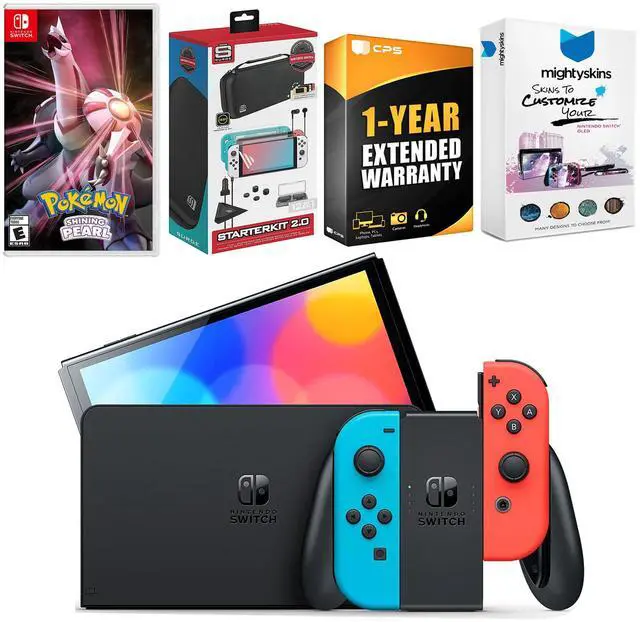 Main image of Nintendo Switch Neon Red & Blue OLED Console with Pokemon Shining Pearl Edition, Surge Accessory Gaming Kit, MightySkins Console and Controller Skin Voucher, and 1 Year CPS Extended Warranty