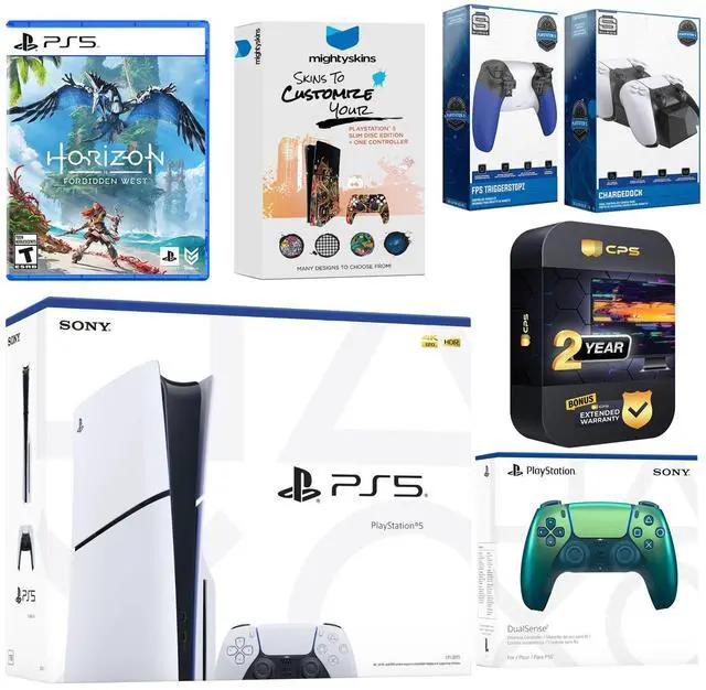 Main image of Sony Playstation 5 Slim Disc with Horizon Forbidden West, Extra Chroma Teal Controller, Trigger Stop Kit, Charge Dock and MightySkins Decal Voucher + 2 Year CPS Extended Warranty