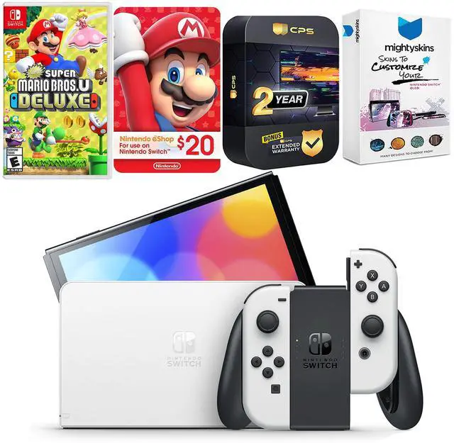 Main image of Nintendo Switch White OLED Console with New Super Mario Bros. U Deluxe, Nintendo $20 eShop Gift Card, MightySkins Console and Controller Skin Voucher, and 2 Year CPS Extended Warranty