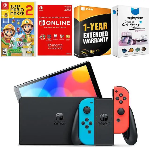 Main image of Nintendo Switch Neon Red & Blue OLED Console with Mario Maker 2 , NSO 12 Month Family Membership, MightySkins Console and Controller Skin Voucher and 1 Year CPS Extended Warranty