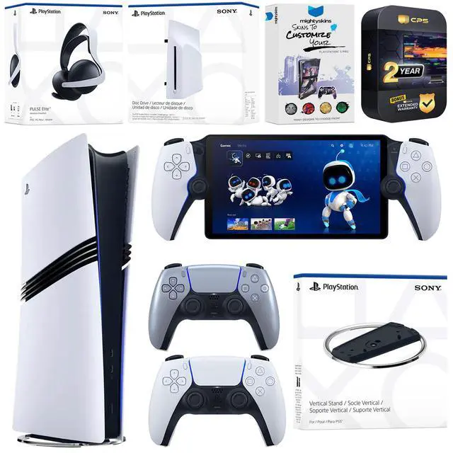 Main image of Sony PlayStation 5 Pro Digital Bundle with Disc Drive, Stand, Extra Controller, Pulse Elite Headset, PlayStation Portal, MightySkins Voucher and 2 Year Extended Warranty - Sterling Silver