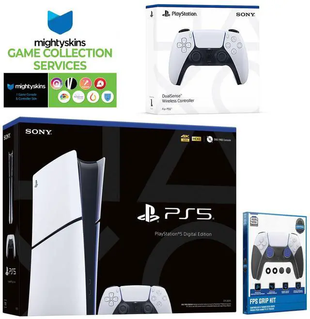 Main image of Sony PlayStation 5 Slim Digital with Extra White Controller, FPS Grip Kit and MightySkins Game Pack Code