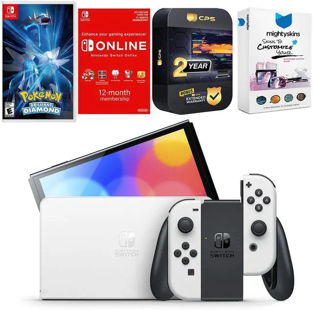 Main image of Nintendo Switch White OLED Console with Pokemon Brilliant Diamond, NSO 12 Month Family Membership, MightySkins Console and Controller Skin Voucher, and 2 Year CPS Extended Warranty