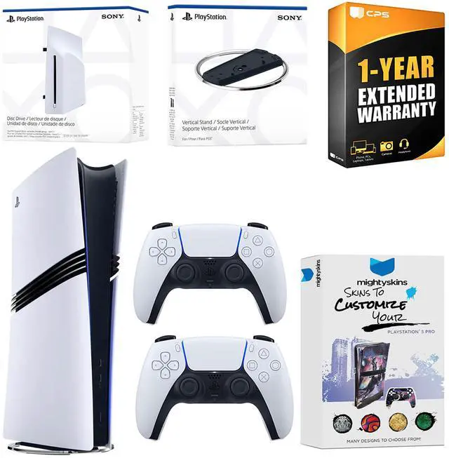 Main image of Sony PlayStation 5 Pro Digital Bundle with Disc Drive, Extra Controller, Vertical Stand, MightySkins Voucher and 1 Year Extended Warranty - Glacier White