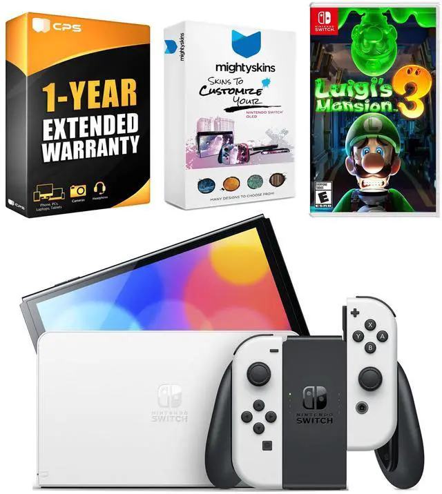 Main image of Nintendo Switch White OLED Console with Luigi's Mansion 3, MightySkins Console and Controller Skin Voucher, and 1 Year CPS Extended Warranty