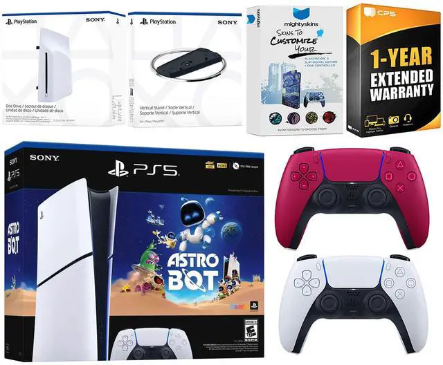Main image of Sony PlayStation 5 Astro Bot Slim Digital Bundle with Disc Drive, Extra Controller, Vertical Stand, MightySkins Voucher and 1 Year Extended Warranty - Cosmic Red
