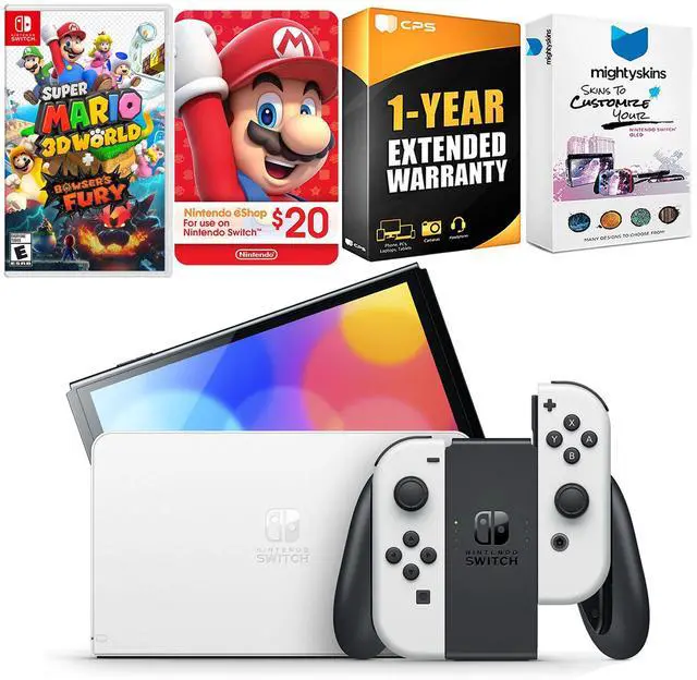 Main image of Nintendo Switch White OLED Console with Super Mario 3D World + Bowsers Fury , Nintendo $20 eShop Gift Card, MightySkins Console and Controller Skin Voucher, and 1 Year CPS Extended Warranty