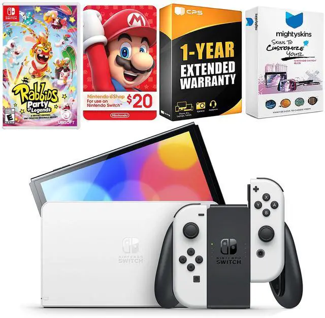 Main image of Nintendo Switch White OLED Console with Rabbids: Party of Legends, Nintendo $20 eShop Gift Card, MightySkins Console and Controller Skin Voucher, and 1 Year CPS Extended Warranty
