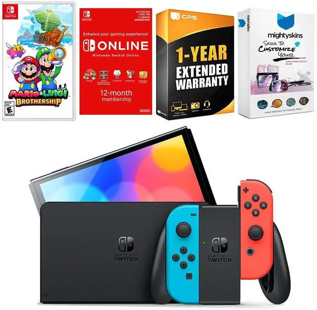 Main image of Nintendo Switch Neon Red & Blue OLED Console with Mario & Luigi: Brothership, NSO 12 Month Family Membership, MightySkins Console and Controller Skin Voucher and 1 Year CPS Extended Warranty
