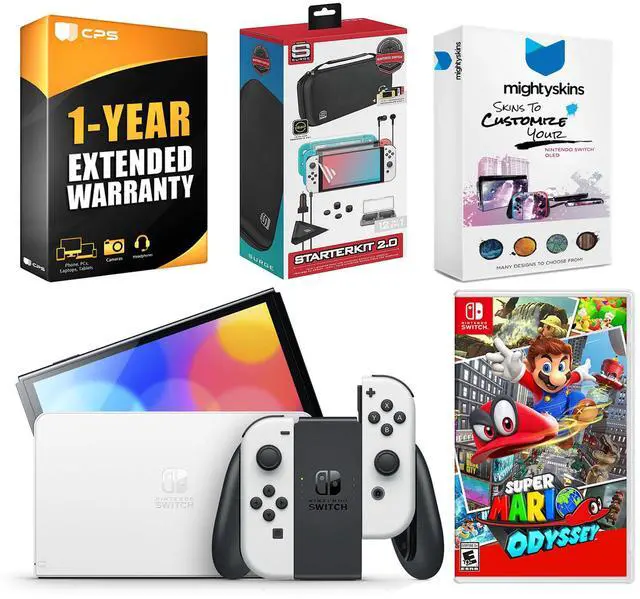 Main image of Nintendo Switch White OLED Console with Super Mario Odyssey, Surge Accessory Gaming Kit, MightySkins Console and Controller Skin Voucher, and 1 Year CPS Extended Warranty