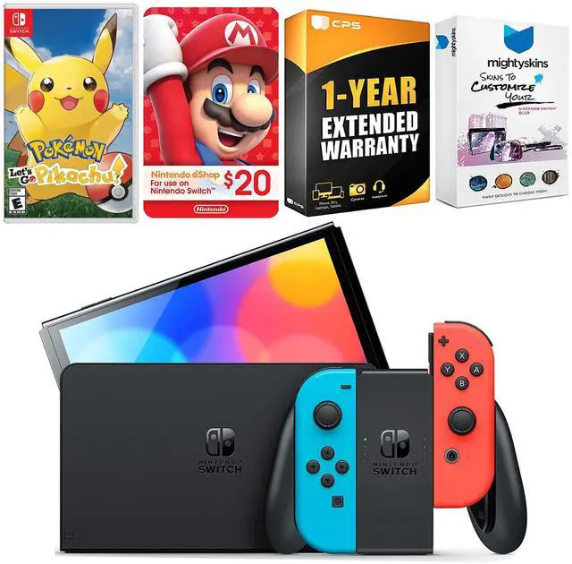 Main image of Nintendo Switch Neon Red & Blue OLED Console with Pokemon Let's Go, Pikachu!, Nintendo $20 eShop Gift Card, MightySkins Console and Controller Skin Voucher and 1 Year CPS Extended Warranty