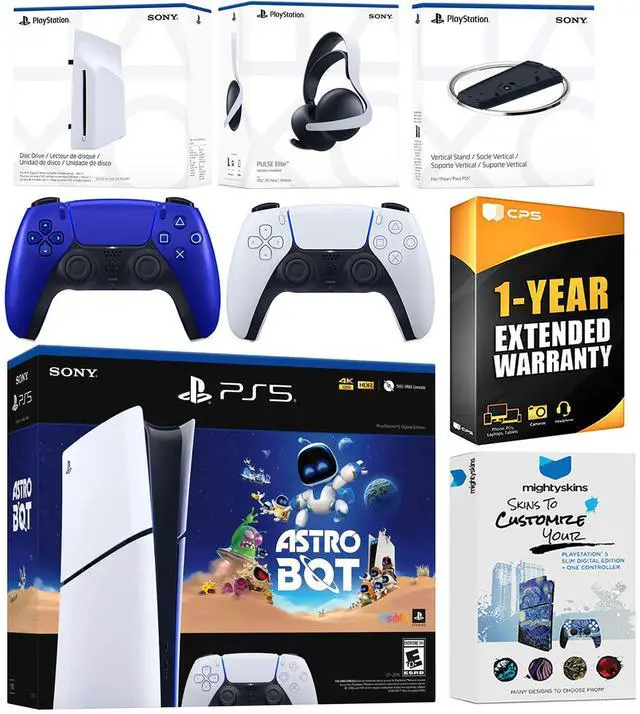Main image of Sony PlayStation 5 Astro Bot Slim Digital Bundle with Disc Drive, Pulse Elite Headset, Extra Controller, Vertical Stand, MightySkins Voucher and 1 Year Extended Warranty - Cobalt Blue