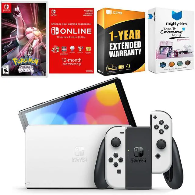 Main image of Nintendo Switch White OLED Console with Pokemon Shining Pearl, NSO 12 Month Family Membership, MightySkins Console and Controller Skin Voucher, and 1 Year CPS Extended Warranty