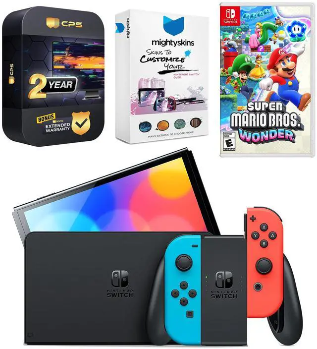 Main image of Nintendo Switch Neon Red & Blue OLED Console with Super Mario Bros. Wonder, MightySkins Console and Controller Skin Voucher, and 2 Year CPS Extended Warranty