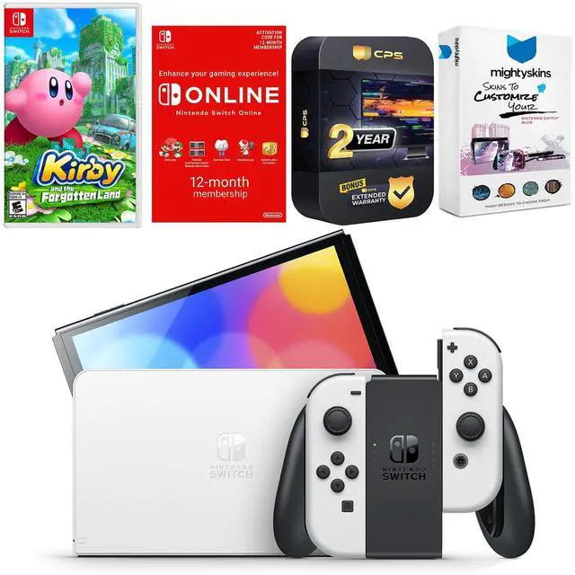 Main image of Nintendo Switch White OLED Console with Kirby and the Forgotten Land, NSO 12 Month Family Membership, MightySkins Console and Controller Skin Voucher, and 2 Year CPS Extended Warranty