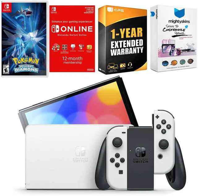 Main image of Nintendo Switch White OLED Console with Pokemon Brilliant Diamond, NSO 12 Month Family Membership, MightySkins Console and Controller Skin Voucher, and 1 Year CPS Extended Warranty