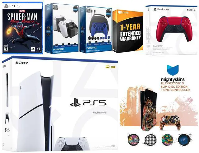 Main image of Sony Playstation 5 Slim Disc with Spider-Man: Miles Morales, Extra Volcanic Red Controller, Gamer Kit, Charge Dock and MightySkins Decal Voucher + 1 Year CPS Extended Warranty