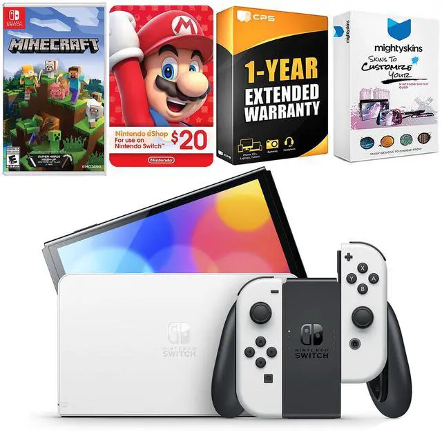 Main image of Nintendo Switch White OLED Console with Minecraft: Switch Edition, Nintendo $20 eShop Gift Card, MightySkins Console and Controller Skin Voucher, and 1 Year CPS Extended Warranty