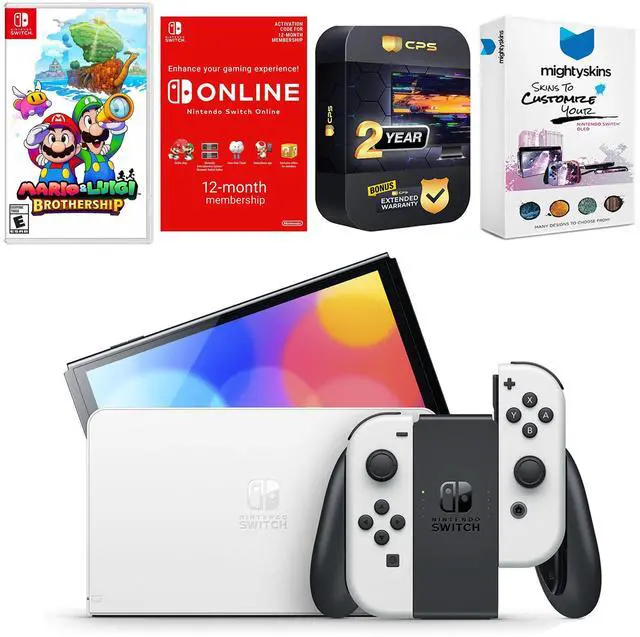 Main image of Nintendo Switch White OLED Console with Mario & Luigi: Brothership, NSO 12 Month Family Membership, MightySkins Console and Controller Skin Voucher, and 2 Year CPS Extended Warranty