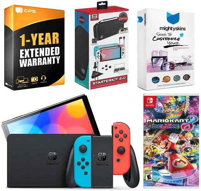 Main image of Nintendo Switch Neon Red & Blue OLED Console with Mario Kart 8 Deluxe, Surge Accessory Gaming Kit, MightySkins Console and Controller Skin Voucher, and 1 Year CPS Extended Warranty