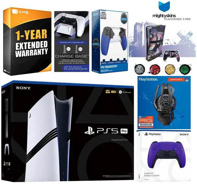Main image of Sony Playstation 5 Pro Bundle with Extra Galactic Purple Controller, Plantronics Headset, Trigger Stop Kit, Dual Charge Dock and MightySkins Decal Voucher Plus 1 Year CPS Extended Warranty