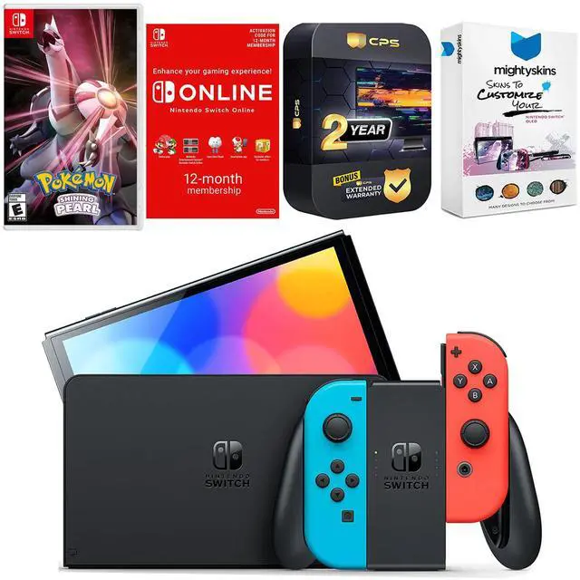 Main image of Nintendo Switch Neon Red & Blue OLED Console with Pokemon Shining Pearl, NSO 12 Month Family Membership, MightySkins Console and Controller Skin Voucher and 2 Year CPS Extended Warranty