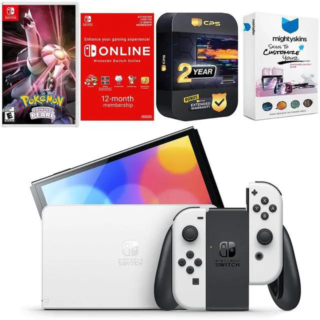 Main image of Nintendo Switch White OLED Console with Pokemon Shining Pearl, NSO 12 Month Family Membership, MightySkins Console and Controller Skin Voucher, and 2 Year CPS Extended Warranty