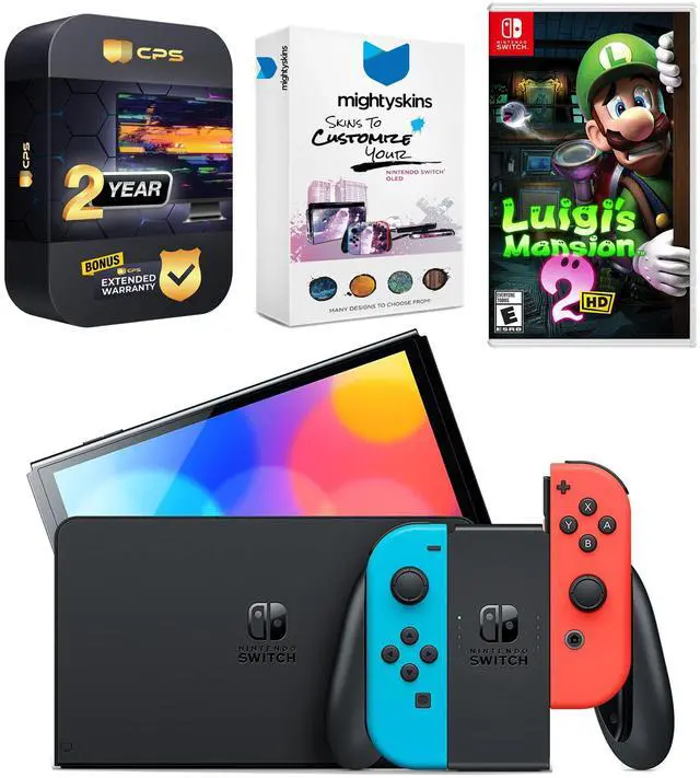 Main image of Nintendo Switch Neon Red & Blue OLED Console with Luigi's Mansion 2 HD, MightySkins Console and Controller Skin Voucher, and 2 Year CPS Extended Warranty