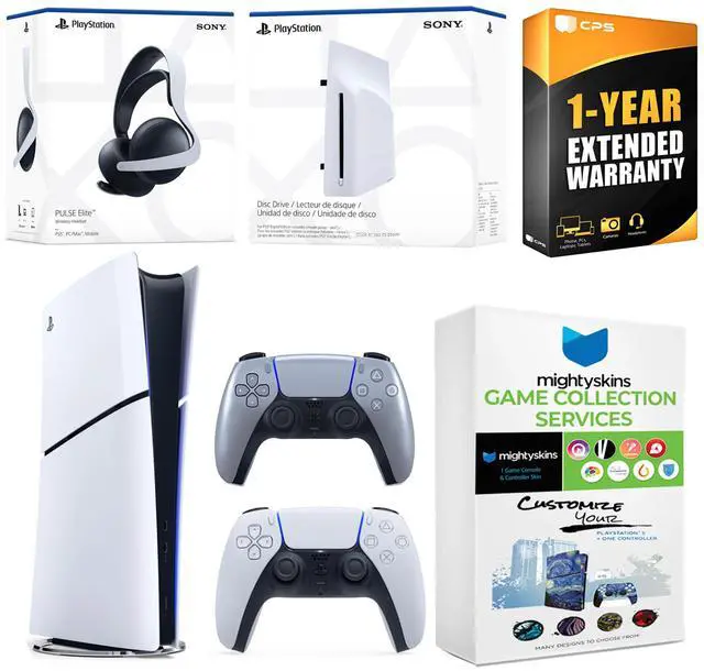 Main image of Sony PlayStation 5 Slim Digital Bundle with Disc Drive, Extra Controller, Pulse Elite Headset, MightySkins Game Collection and 1 Year Extended Warranty - Sterling Silver