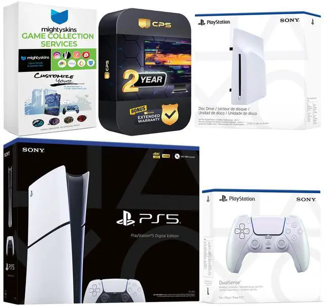 Main image of Sony PlayStation 5 Slim Digital Bundle with Disc Drive, Extra Controller, MightySkins Game Collection and 2 Year Extended Warranty - Chroma Pearl