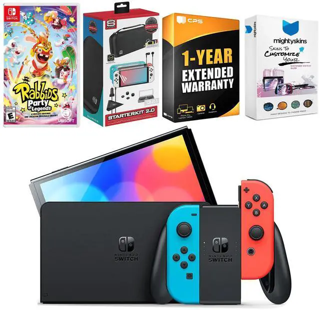 Main image of Nintendo Switch Neon Red & Blue OLED Console with Rabbids: Party of Legends Edition, Surge Accessory Gaming Kit, MightySkins Console and Controller Skin Voucher, and 1 Year CPS Extended Warranty