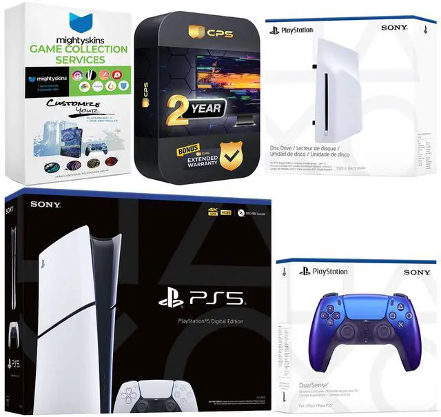 Main image of Sony PlayStation 5 Slim Digital Bundle with Disc Drive, Extra Controller, MightySkins Game Collection and 2 Year Extended Warranty - Chroma Indigo