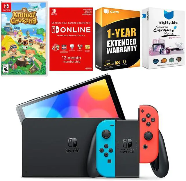 Main image of Nintendo Switch Neon Red & Blue OLED Console with Animal Crossing New Horizons, NSO 12 Month Family Membership, MightySkins Console and Controller Skin Voucher and 1 Year CPS Extended Warranty